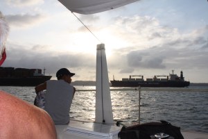 Lots of activity approaching the Gatun Locks.  Our pilot/advisor looks on.