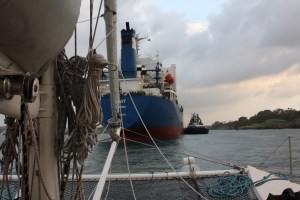 We will share a lock with this ship, as well as "nesting" with two other yachts.