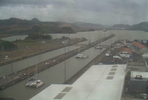 Miraflores Lock web cam; we are closest to the camera; lock doors just closed.