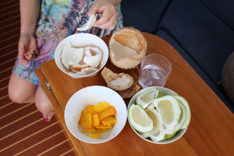 Breakfast includes coconut (milk and meat) courtesy of Paul, mango and pamplemousse.
