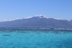 Looking back at Tahiti from our anchorage in Mo'orea.