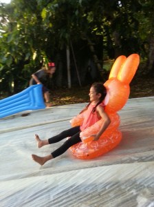 No, this one has nothing to do with Tuvalu. It is our old screecher sail being put to good use at a birthday party!