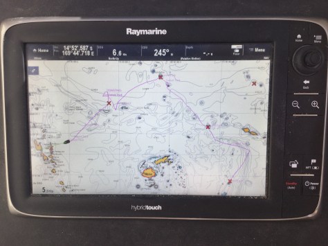 Big picture chart plotter view of our unusual track from Tonga to Wallis, Tuvalu, Vanuatu.