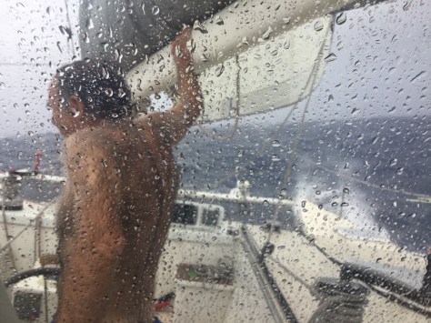 Bob takes a 'shower' as we surf along.