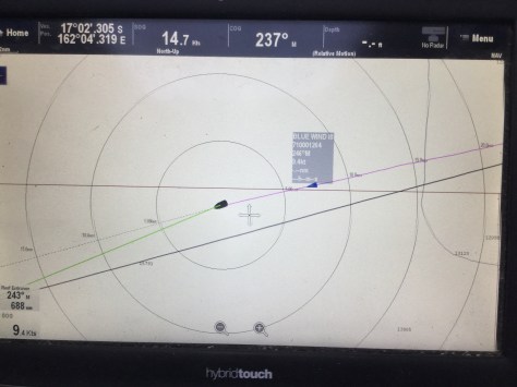 14.7 knots, and 7 miles ahead of Blue Wind