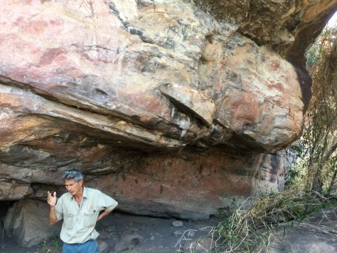 Trevor tries hard to explain the rock art and its Stories to us.