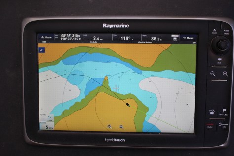 An extra challenge here is that the electronic charts are not accurate. Note that it shows us sailing across the land...