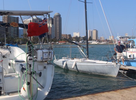 Just across the dock from us, we met Webb Chiles, a well-known singlehander and author of many books. Liam poses by his boat Gannet to show how tiny it is! He has done a circumnavigation aboard that little boat. (It was 55 grueling days at sea for him, sailing here direct from Darwin, Australia.) But he's also circumnavigated aboard an even smaller boat! He's an interesting guy; you might google him... In the foreground is Tom Tom, sailed by another singlehander, again to drive home how small Gannet is.