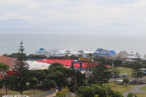 There is a bicycle race/trek in town; the red tents are the 'barracks' for the racers.