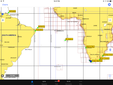 Chart showing our current location, Walvis Bay (Namibia), St Helena, and Cabedelo (our destination in Brazil).