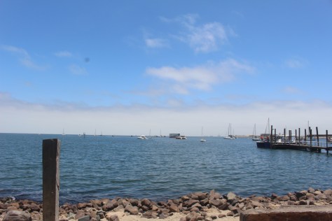 After 4 1/2 days we pick up a mooring here in Walvis Bay, Namibia. Note the fog receding, resulting in a nice sunny day from about noon to 4pm. The rest of the time is cold, even though technically we are a little north of the Tropic of Capricorn.