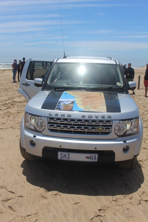 Our vehicle, with a map of Namibia on the hood.