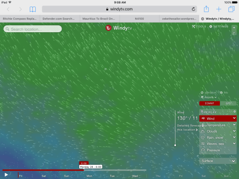 Wind chart covering St Helena in lower right to the Fernando de Noronha area in upper left. Steady light winds directly behind us all the way.