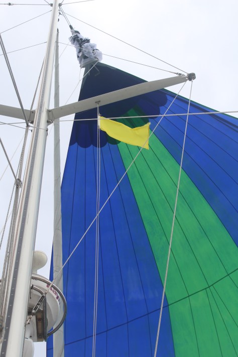 "Q" flag flying, indicating that we need to clear into the country.