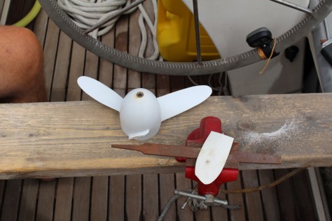 Preparing to graft a blade cut from another broken prop.