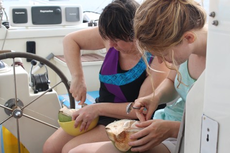 It's not so easy without a machete and years of experience, but we can do coconuts aboard, too.