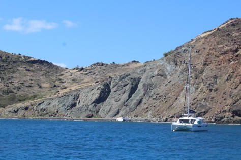 Isle Fourchue; note wreck of catamaran on the rocks...